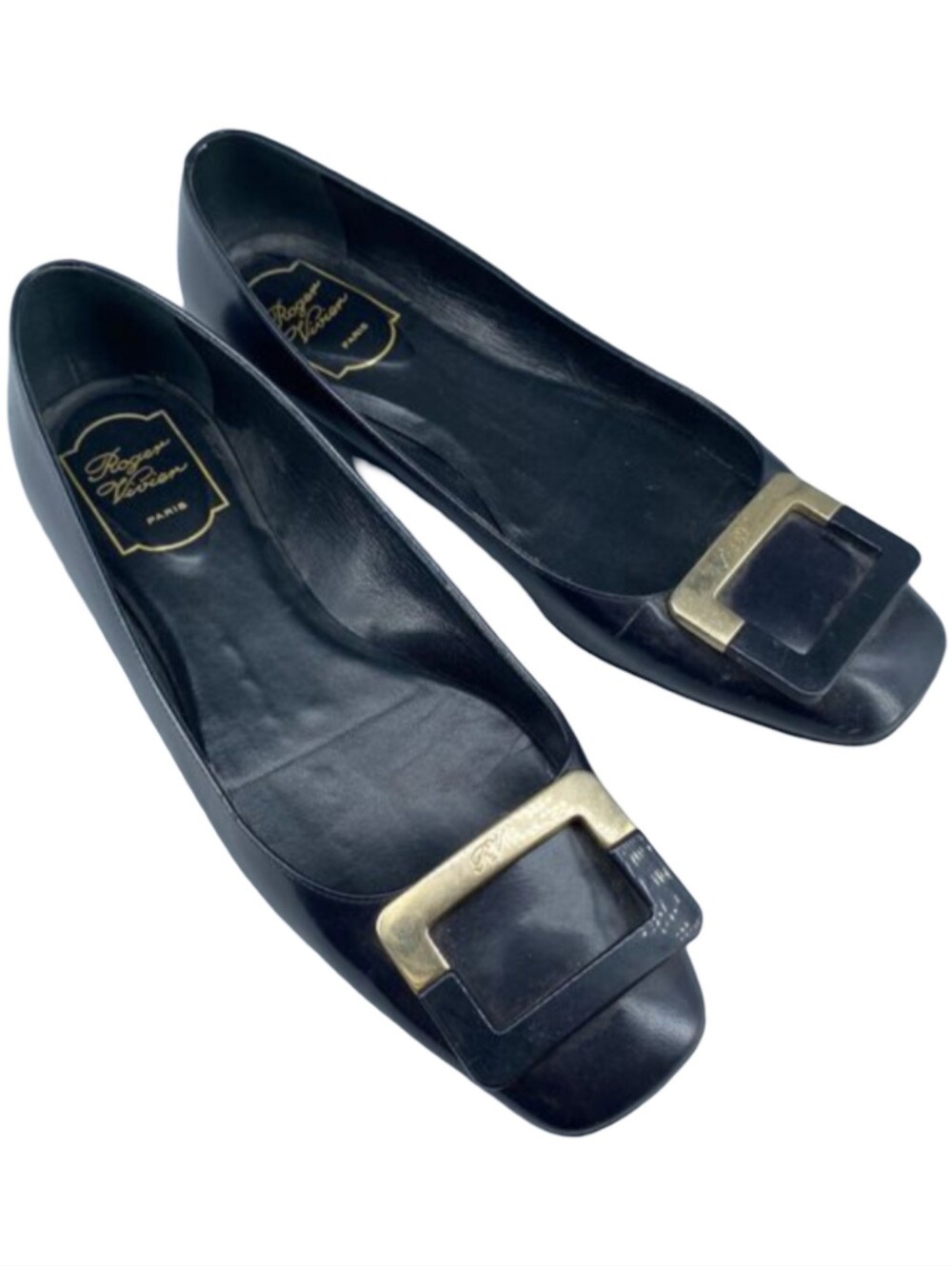 Roger Vivier Navy Blue Leather Ballet Flats Gold Buckle Slip-Ons Shoes 39.5-40